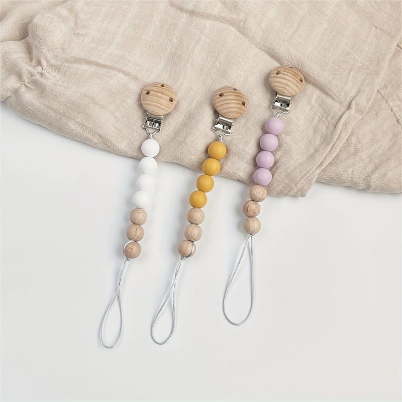 Baby Pacifier Chain Holder Silicone Wooden Beads Anti-drop Clip