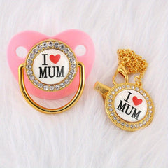 Artificial Diamond I Love Mom Pacifier Chain Clip