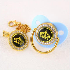 Golden Artificial Diamond Pacifier with Crown Cartoon Design