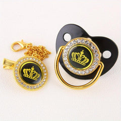 Golden Artificial Diamond Pacifier with Crown Cartoon Design