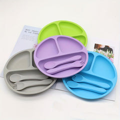 4pcs Silicone Baby Feeding Set Divided Plate Spoon Fork Weaning Supplies