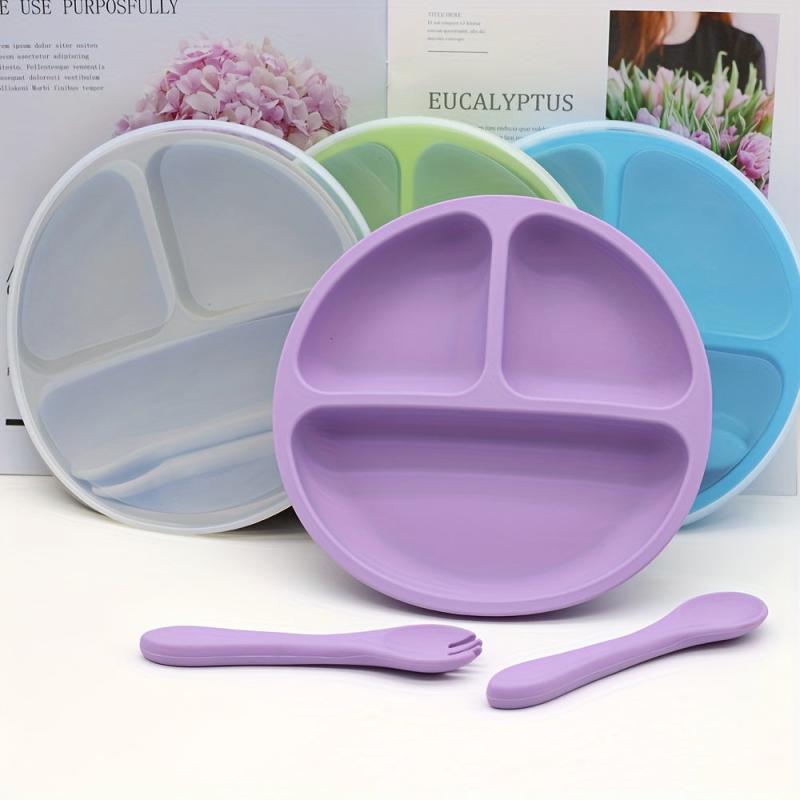 4pcs Silicone Baby Feeding Set Divided Plate Spoon Fork Weaning Supplies