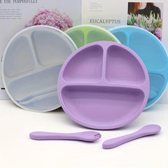 4pcs Silicone Baby Feeding Set Divided Plate Spoon Fork Weaning Supplies