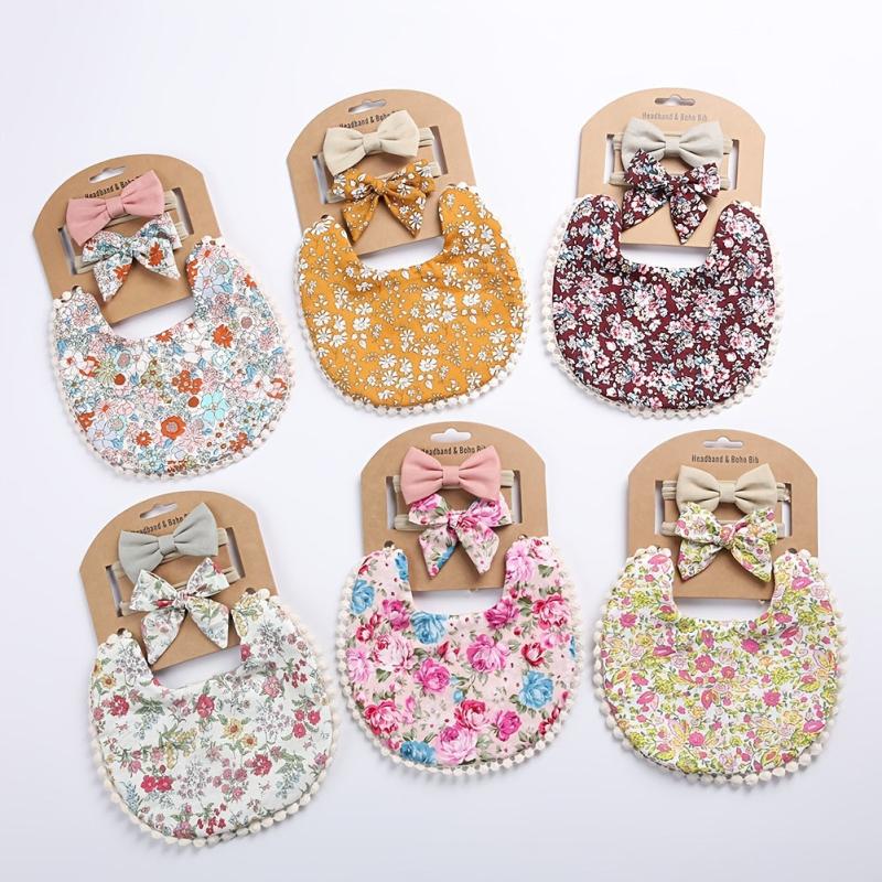 Floral Cotton Baby Bib & Headband Set Anti Spitting Protection