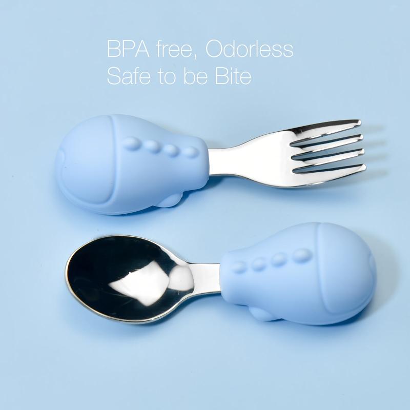 Baby Learn To Eat Training Fork Spoon Short Handle Stainless Steel Tableware