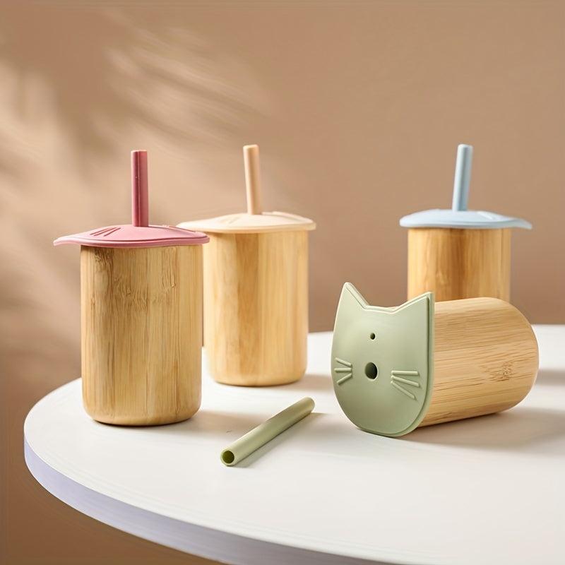 Cat Bamboo Cup with Silicone Lid for Baby Learning to Drink