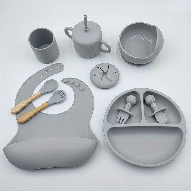 Infant Silicone Tableware Set 9 Pieces Training Spoon Fork Cup Plate