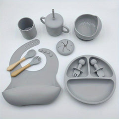 Infant Silicone Tableware Set 9 Pieces Training Spoon Fork Cup Plate