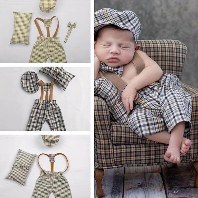 4pcs Newborn Baby Photography Props Plaid Costume for Boys & Girls