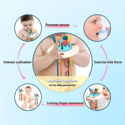 Montessori Silicone Pull Cord Baby Toy 3-in-1 Travel Sensory Interactive Toy