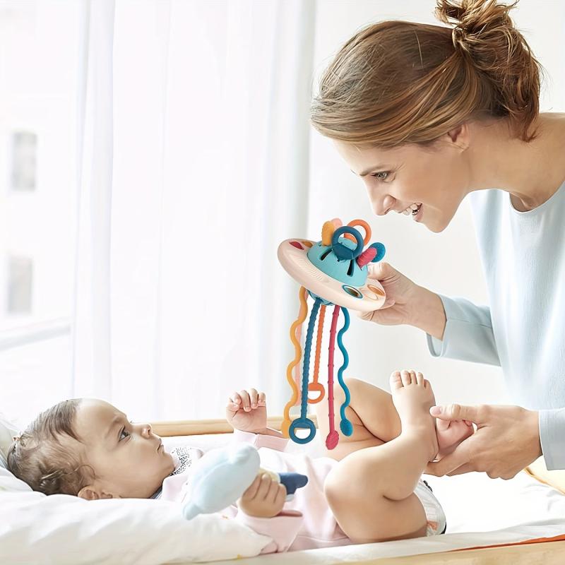 Montessori Silicone Pull Cord Baby Toy 3-in-1 Travel Sensory Interactive Toy