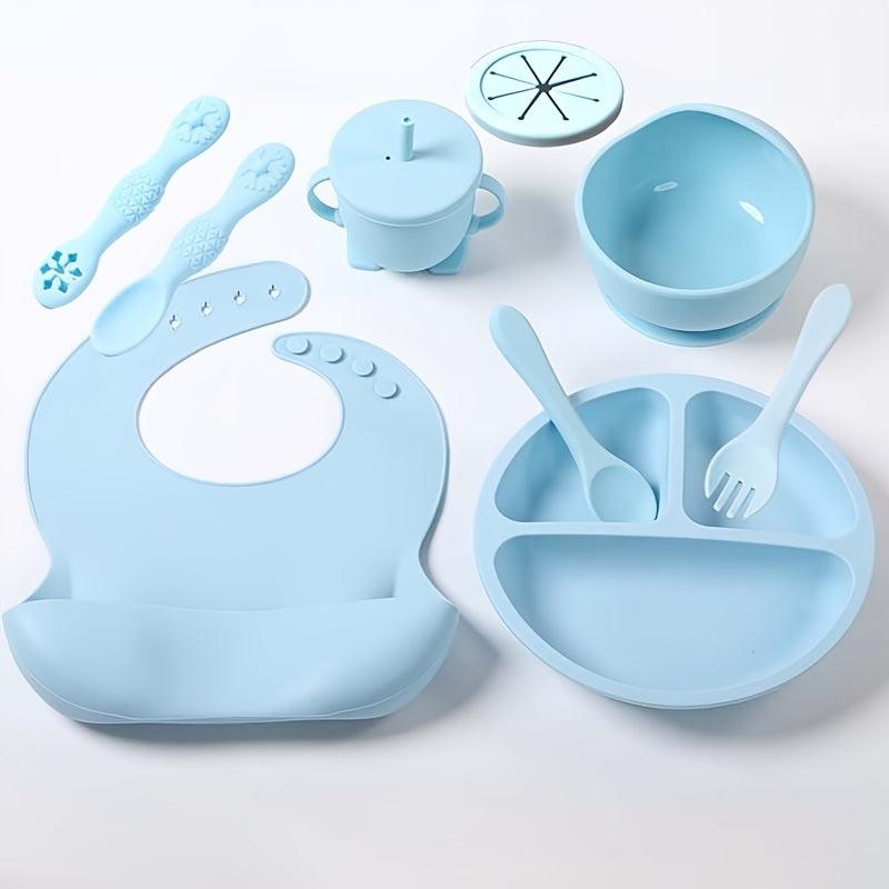 9pcs Tableware Set with Silicone Bibs, Bowls, Forks, Spoons, Cups, Plates
