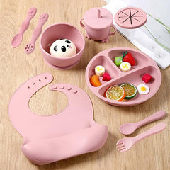 9pcs Tableware Set with Silicone Bibs, Bowls, Forks, Spoons, Cups, Plates
