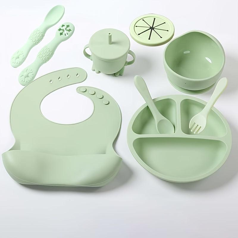 9pcs Tableware Set with Silicone Bibs, Bowls, Forks, Spoons, Cups, Plates