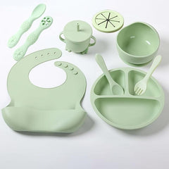 9pcs Tableware Set with Silicone Bibs, Bowls, Forks, Spoons, Cups, Plates