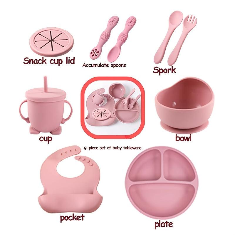 9pcs Tableware Set with Silicone Bibs, Bowls, Forks, Spoons, Cups, Plates