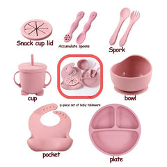 9pcs Tableware Set with Silicone Bibs, Bowls, Forks, Spoons, Cups, Plates