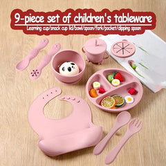 9pcs Tableware Set with Silicone Bibs, Bowls, Forks, Spoons, Cups, Plates