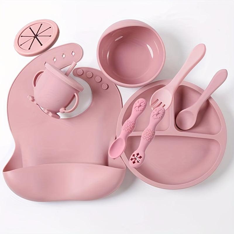 9pcs Tableware Set with Silicone Bibs, Bowls, Forks, Spoons, Cups, Plates