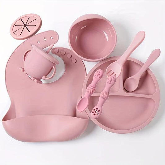 9pcs Tableware Set with Silicone Bibs, Bowls, Forks, Spoons, Cups, Plates