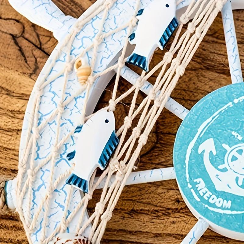 Nautical Wooden Rudder Wall Decor with Fishing Nets & Shells