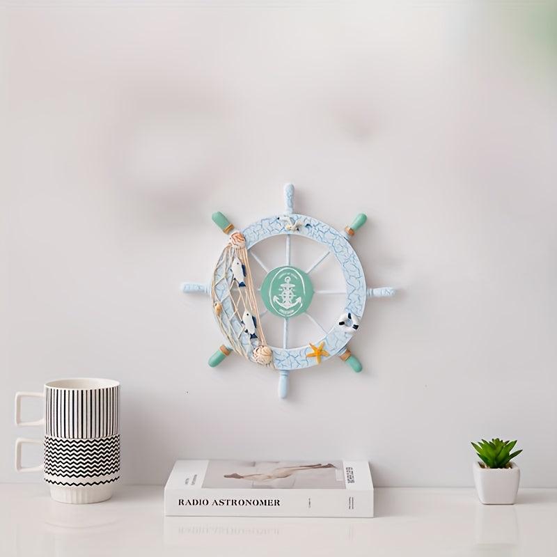 Nautical Wooden Rudder Wall Decor with Fishing Nets & Shells