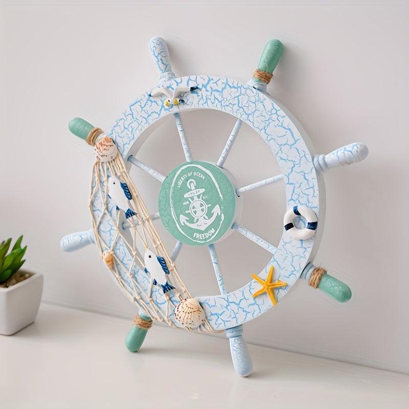 Nautical Wooden Rudder Wall Decor with Fishing Nets & Shells