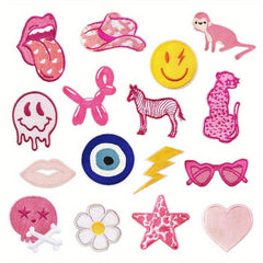 16pcs Pink Cartoon Iron On Patches Sew On Embroidered Applique Repair