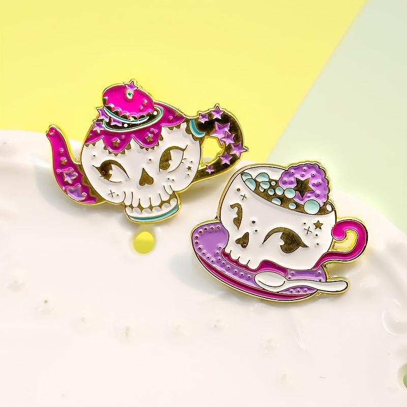 Rose Red Skull Teapot Coffee Cup Cartoon Brooch