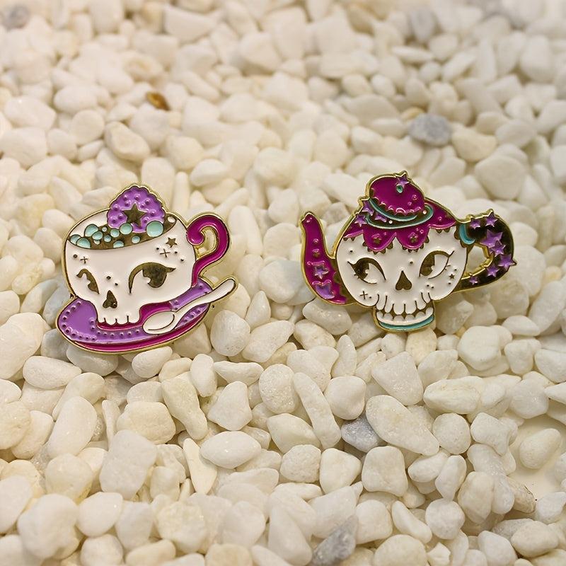 Rose Red Skull Teapot Coffee Cup Cartoon Brooch