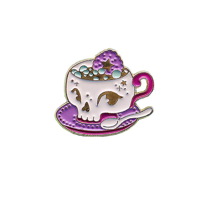 Rose Red Skull Teapot Coffee Cup Cartoon Brooch