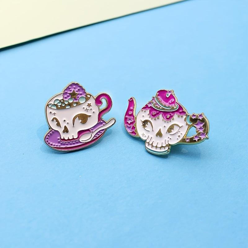 Rose Red Skull Teapot Coffee Cup Cartoon Brooch