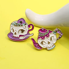 Rose Red Skull Teapot Coffee Cup Cartoon Brooch