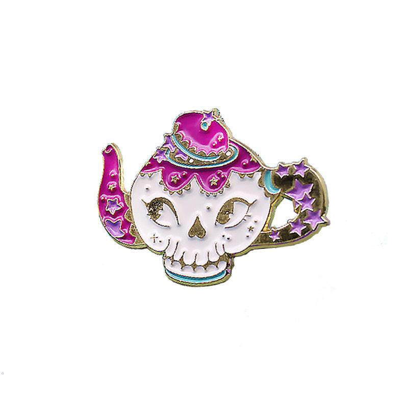 Rose Red Skull Teapot Coffee Cup Cartoon Brooch