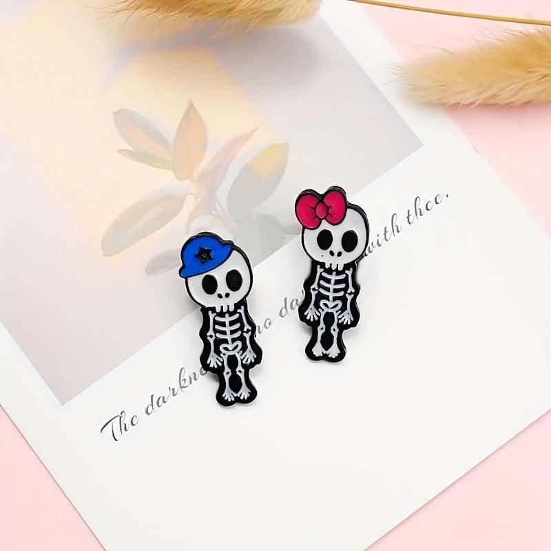 Skull Skeleton Brooch Couple Enamel Pin 2 Styles Red Bowknot Female