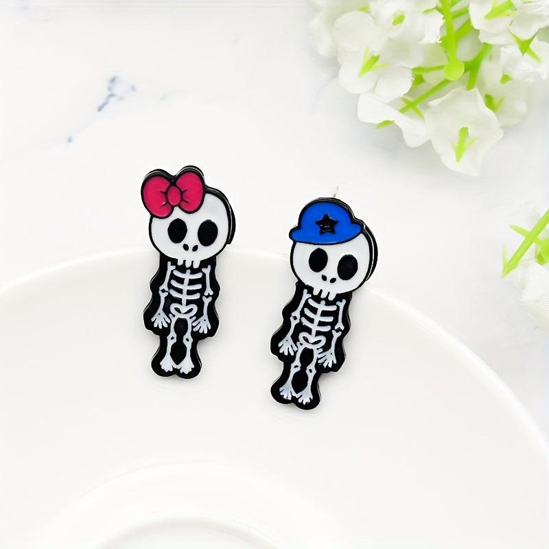 Skull Skeleton Brooch Couple Enamel Pin 2 Styles Red Bowknot Female