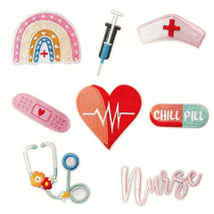 8pcs Pink Nurse Iron On Patches Embroidered Applique Repair Patch DIY