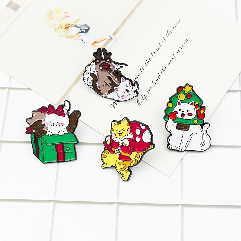 Cat Reindeer Santa Claus Christmas Tree Brooch