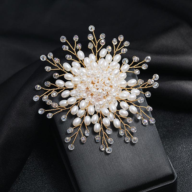 Snowflake Flower Pearl Brooch Rhinestone Pin Wedding Gift Men