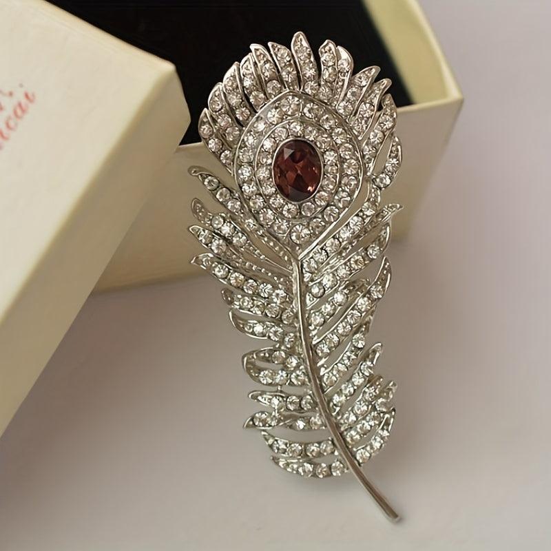 Vintage Peacock Feather Brooch with Rhinestone