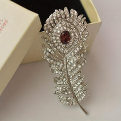Vintage Peacock Feather Brooch with Rhinestone