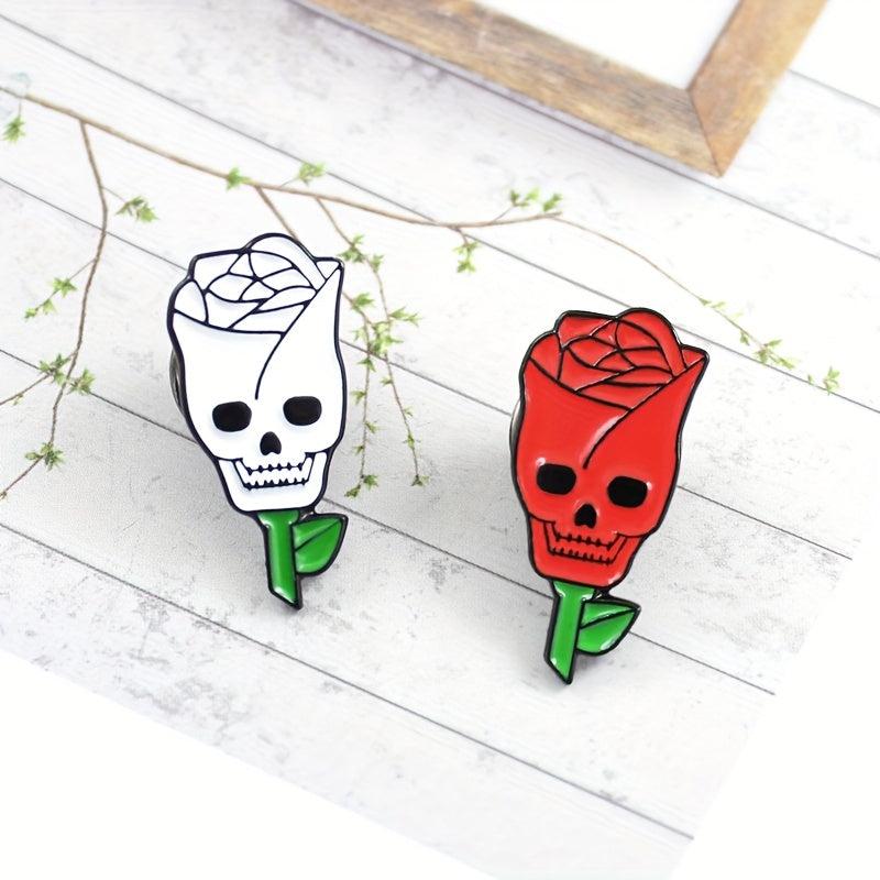 Red Skull Rose Flower Brooch For Men