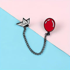 Paper Boat Red Balloon Long Chain Brooch Enamel Lapel Pin For Men