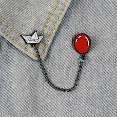 Paper Boat Red Balloon Long Chain Brooch Enamel Lapel Pin For Men