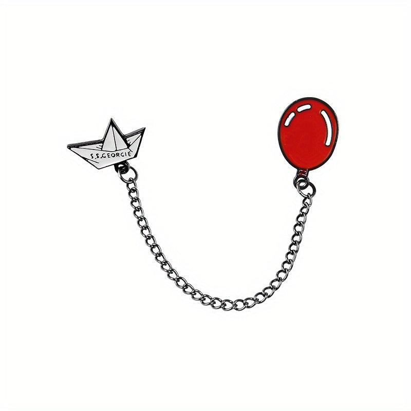 Paper Boat Red Balloon Long Chain Brooch Enamel Lapel Pin For Men