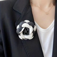 Unisex PU Leather Camellia Flower Boutonniere Stick Brooch Pin