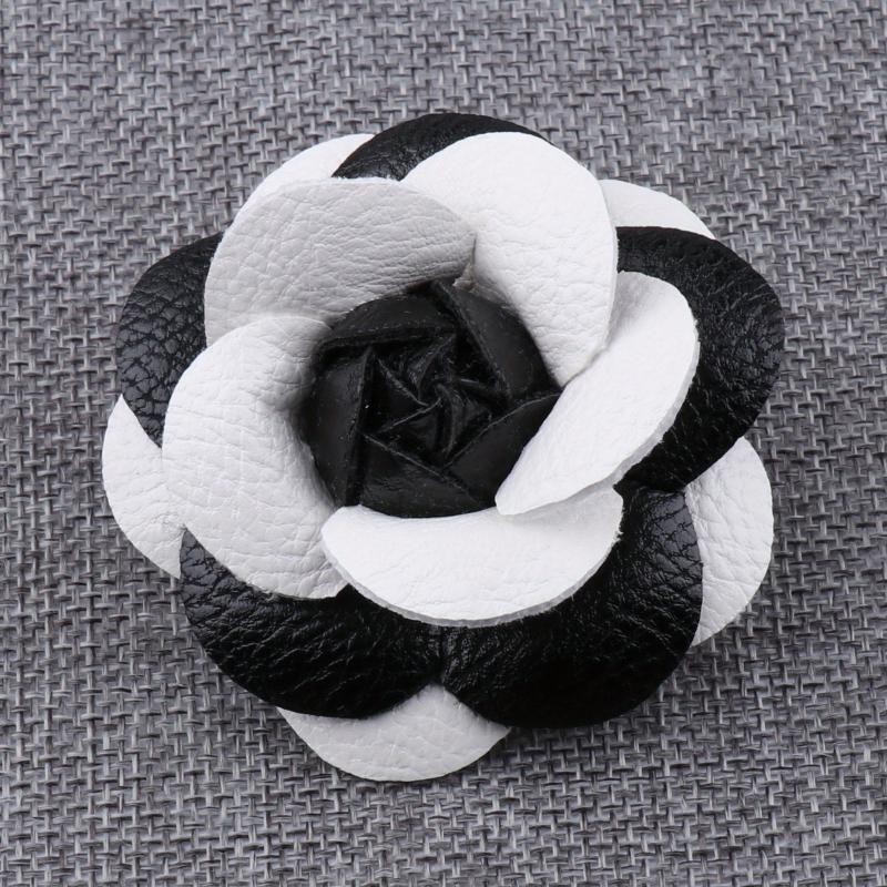 Unisex PU Leather Camellia Flower Boutonniere Stick Brooch Pin