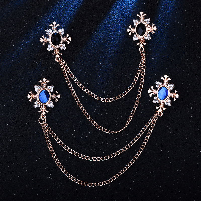 Men's Corsage Cross Collar Chain Rhinestone Brooch Pin