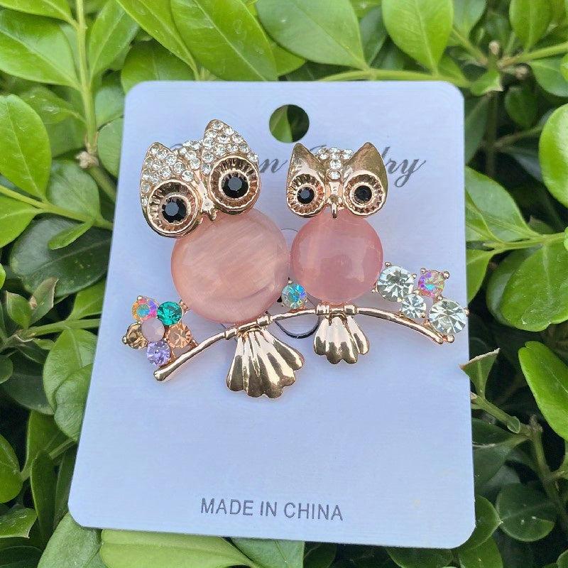 Rhinestone Owl Couple Brooch Crystal Beauty Pin Men