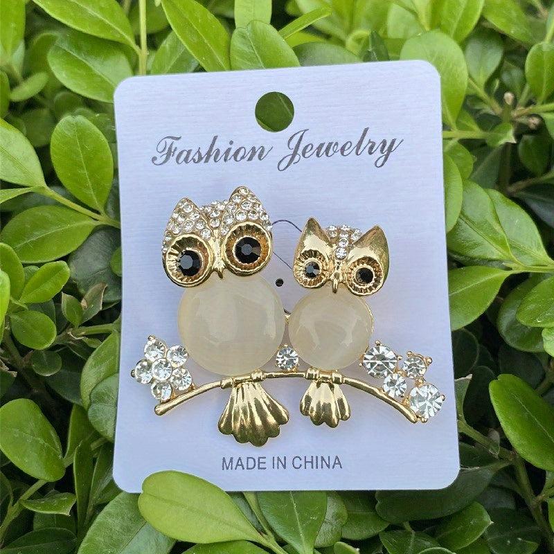 Rhinestone Owl Couple Brooch Crystal Beauty Pin Men